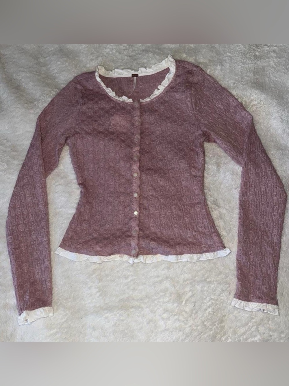Free People Sheer Ruched Long-Sleeve Top with Ruffle Trim - Mauve